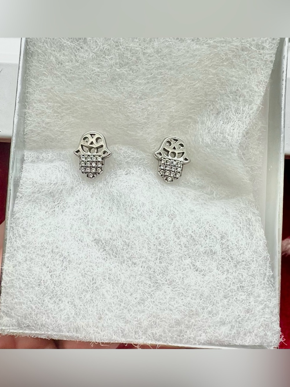 Silver Hamsa Hand Stud Earrings with Rhinestones Hand of Fatima